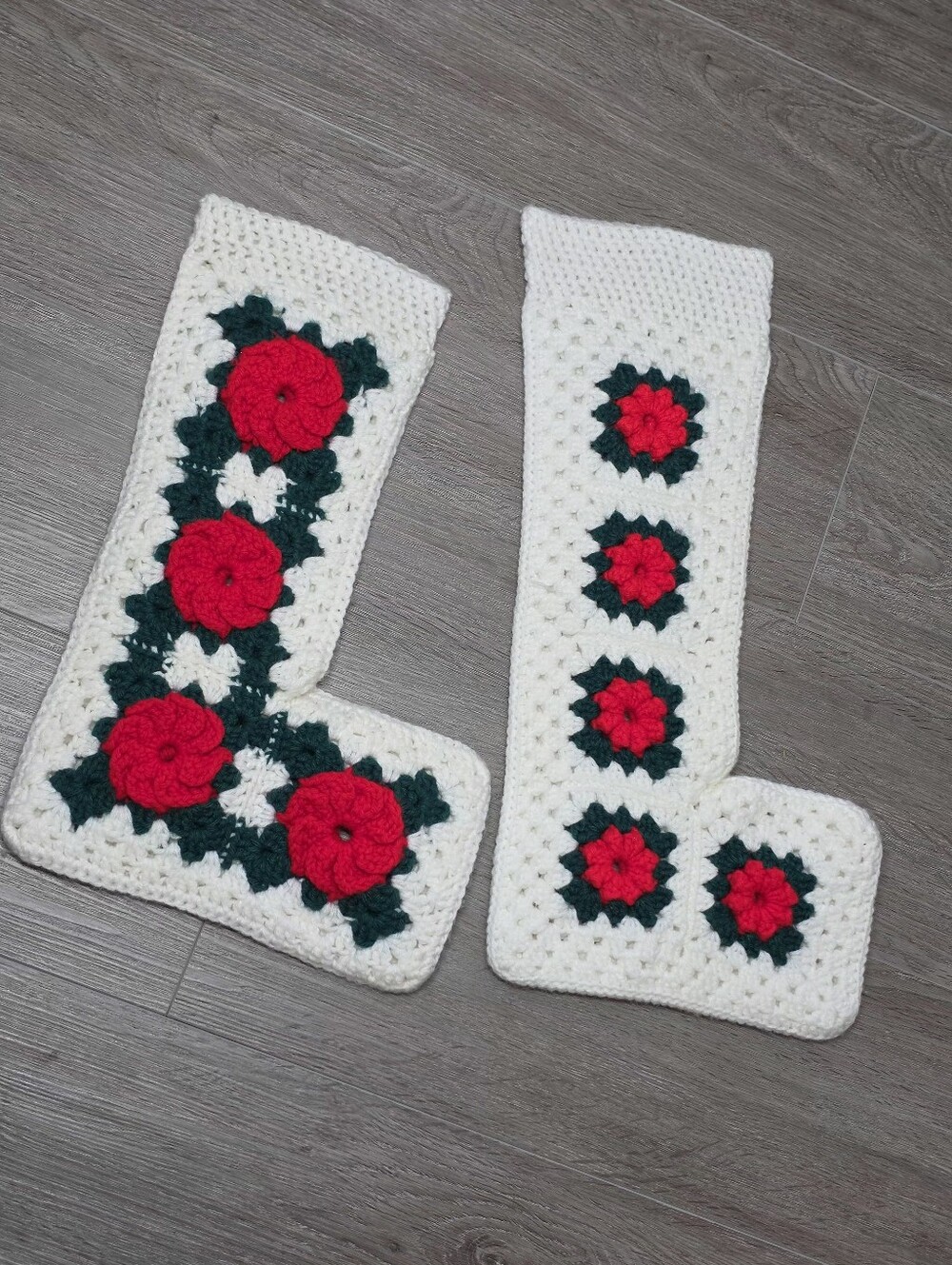 Vintage 70's Granny Afghan Square Crochchet Christmas Stockings Red Green White